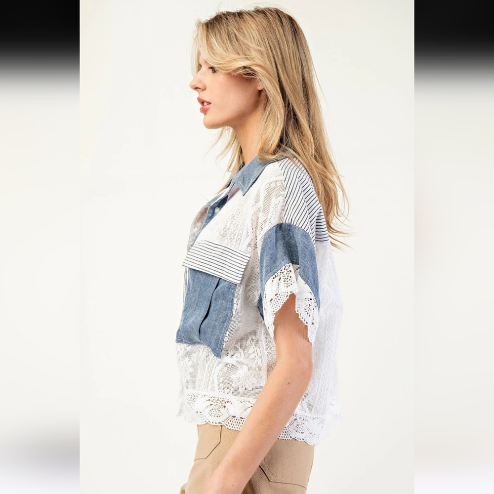 Blue & White Lace Panel Button-Up Shirt - Women - Picture 6 of 8